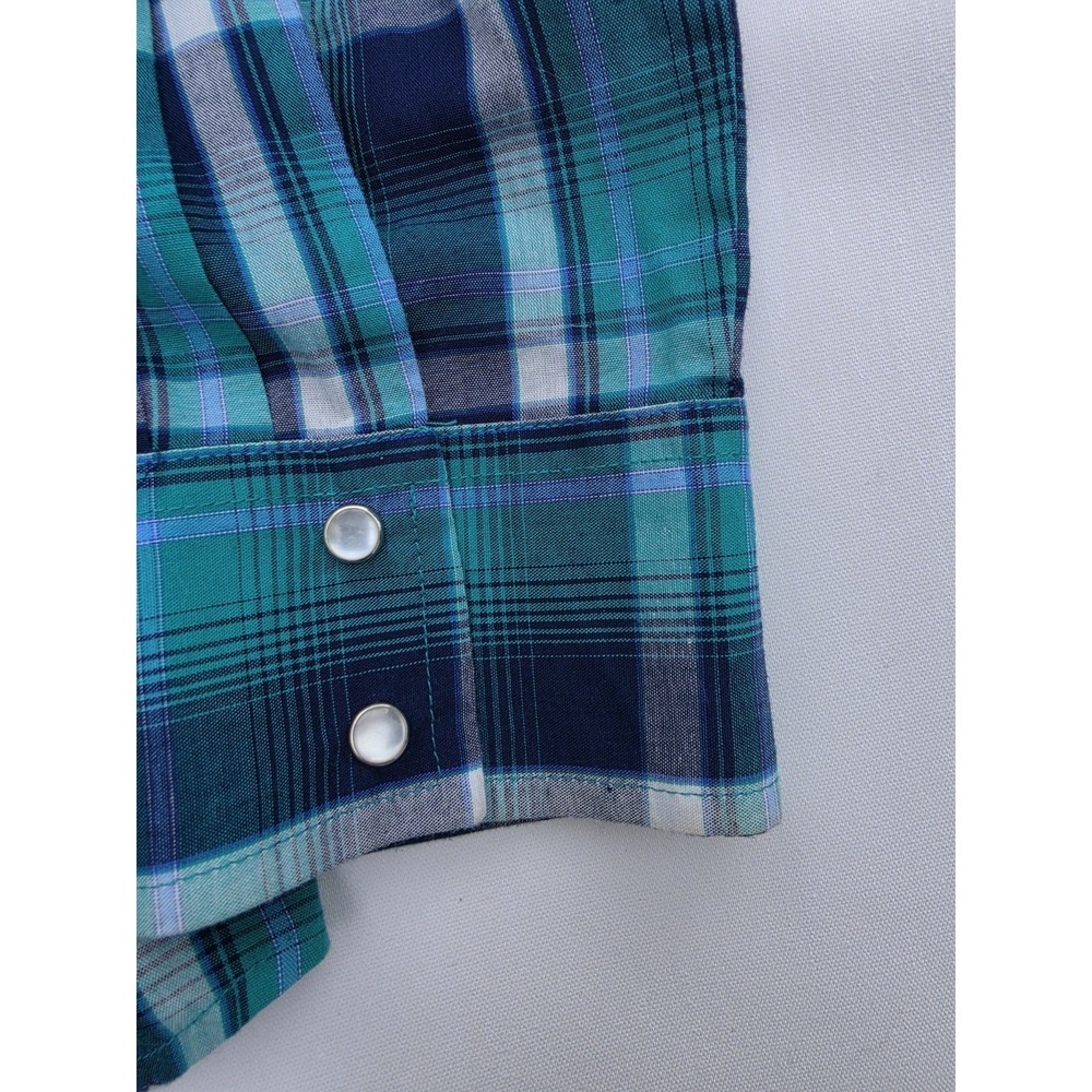 Western Cowgirl Plaid Pearl Snap Shirt Women L Embroidered Rodeo Y2K Teal Blue - Picture 4 of 6